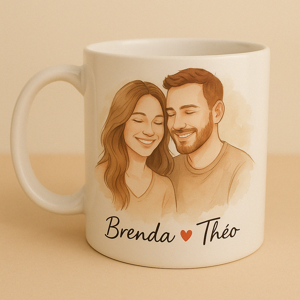 Mug personnalisé illustration dessin + texte – Couple, Famille, Amis, Animaux